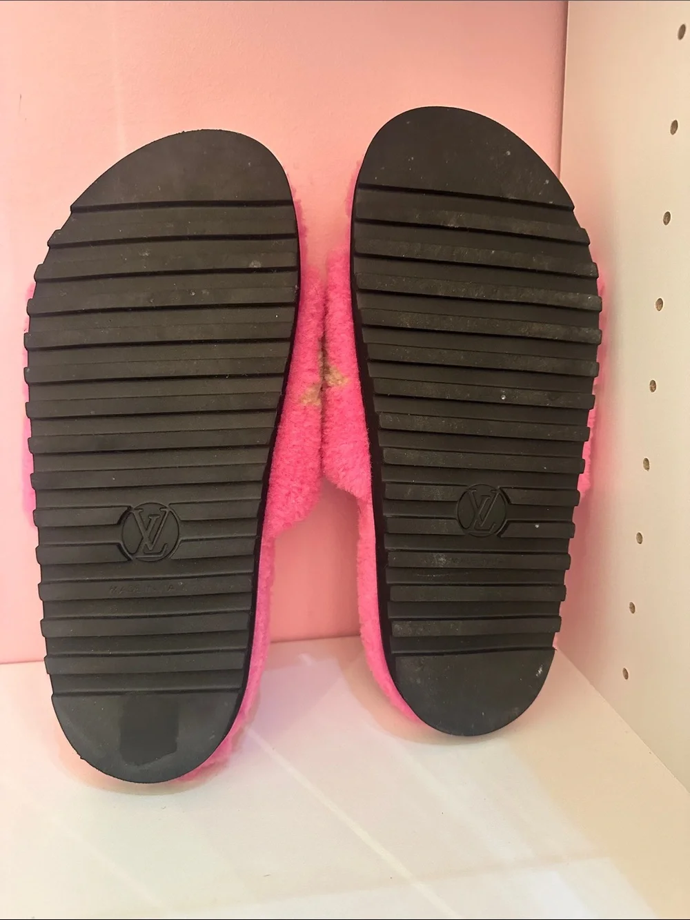 Louis Vuitton Pink Plush Shearling Logo Slides - Picture 9 of 10